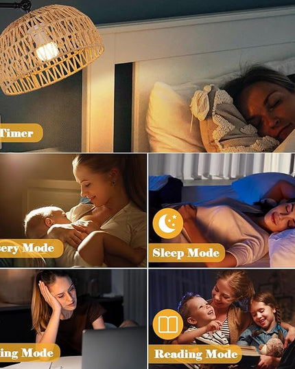 Floor Lamp with Remote, Rope Standing Lamps with LED Bulb, Boho Farmhouse Tall Pole Lamp with 3 Color Temperatures, Modern Black Floor Lamp for Living Room Bedroom Office Study - LeafyLoom