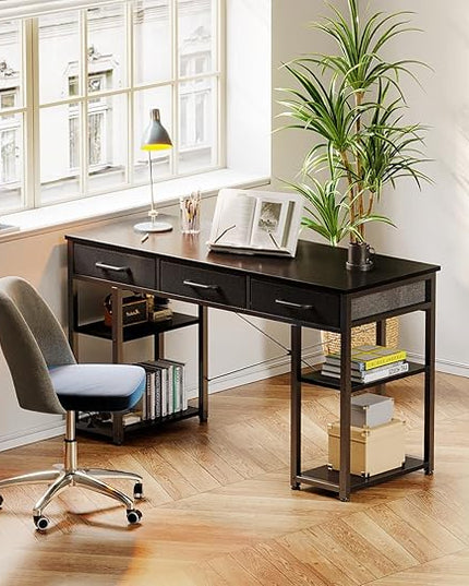 ODK Office Small Computer Desk: Home Table with Fabric Drawers & Storage Shelves, Modern Writing Desk, Black, 48"x16" - LeafyLoom