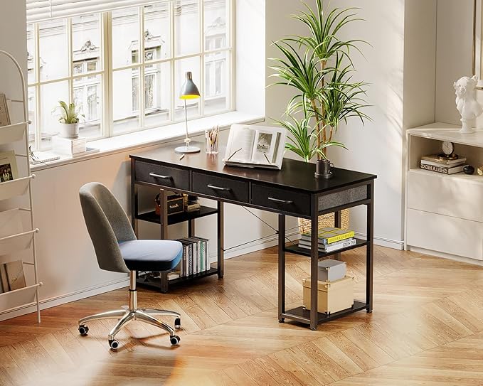 ODK Office Small Computer Desk: Home Table with Fabric Drawers & Storage Shelves, Modern Writing Desk, Black, 48"x16" - LeafyLoom