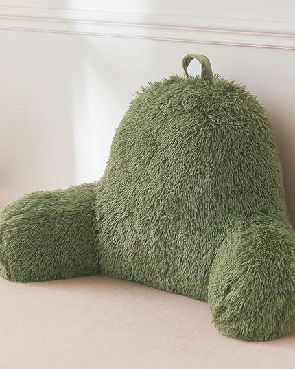 XeGe Faux Fur Reading Pillow Cover (No Filler), Fluffy Back Rest Pillow Case for Bed Sitting Up, Adults Kids Shaggy Sit Up Back Support Pillow Cover with Arms Couch Chair Home Decoration, Sage Green - LeafyLoom