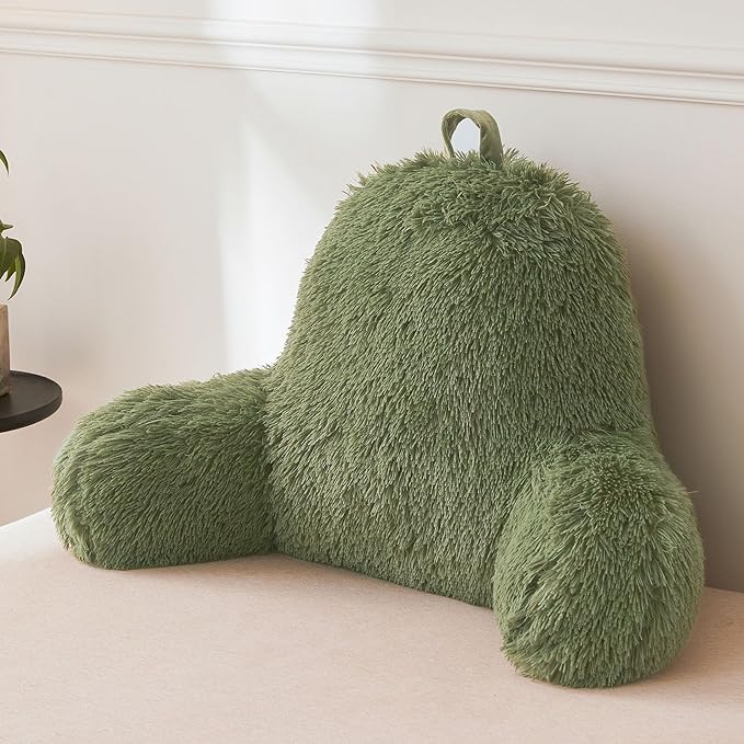 XeGe Faux Fur Reading Pillow Cover (No Filler), Fluffy Back Rest Pillow Case for Bed Sitting Up, Adults Kids Shaggy Sit Up Back Support Pillow Cover with Arms Couch Chair Home Decoration, Sage Green - LeafyLoom