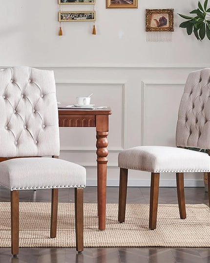 Stylish Upholstered Nailhead Trim and Sturdy Solid Wood Legs Parson Dining Chair, Set of 6, Beige - LeafyLoom