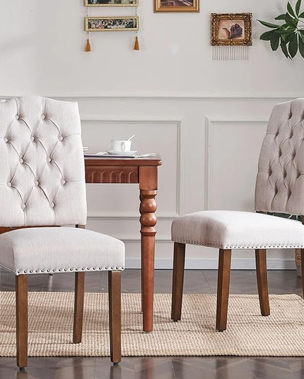 Stylish Upholstered Nailhead Trim and Sturdy Solid Wood Legs Parson Dining Chair, Set of 2, Beige - LeafyLoom