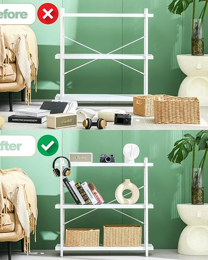 HCHQHS Bookshelf, 3-Tier Industrial Bookcase, White Open Book Shelf, Freestanding Horizontal Bookshelves with Metal Frame - LeafyLoom