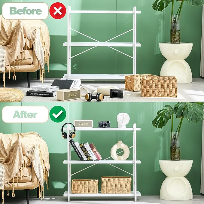 HCHQHS Bookshelf, 3-Tier Industrial Bookcase, White Open Book Shelf, Freestanding Horizontal Bookshelves with Metal Frame - LeafyLoom