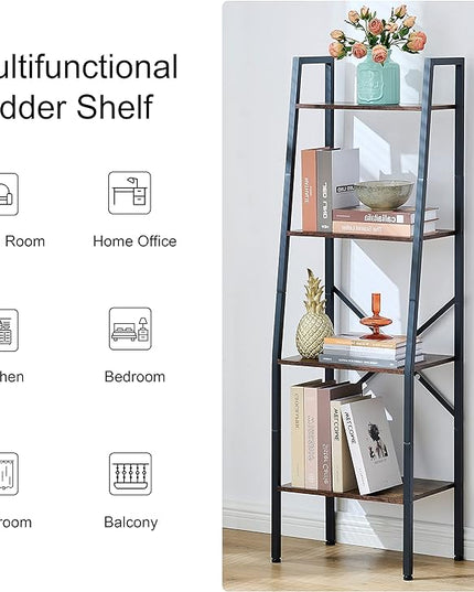 Hoctieon Ladder Shelf Bookcase, 4-Tier Industrial Tall Ladder Bookshelf with Metal Frame for Living Room, Kitchen, Home Office, Bedroom, Rustic Brown - LeafyLoom