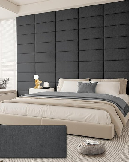 King Headboard, Wall Mounted Peel and Stick Headboard, Upholstered Tufted Bed Headboard for King Size Bed, Floating Dorm Bedroom Tall Headboard Soundproof Wall Panels (12 Panels, 10"x24") - LeafyLoom