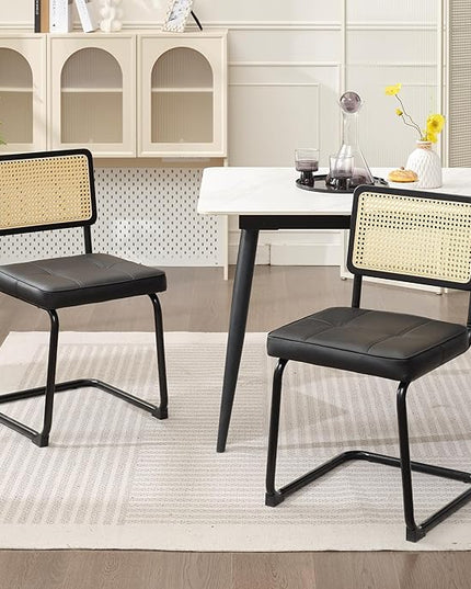 Rattan Dining Chairs Set of 2, Mid Century Modern PU Leather Dining Room Kitchen Chairs with Cane Back, Metal Chrome Legs, Upholstered Wicker Armless Accent Chairs, Black - LeafyLoom