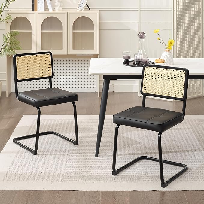 Rattan Dining Chairs Set of 2, Mid Century Modern PU Leather Dining Room Kitchen Chairs with Cane Back, Metal Chrome Legs, Upholstered Wicker Armless Accent Chairs, Black - LeafyLoom