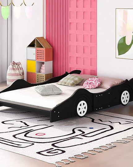Car Shaped Toddler Bed with Wheels,Racecar Platform Beds W/Safety Guardrail,Slats Support,Stylish Design,Easy Assembly,Wood Full Bedframe for Boys Toddlers Kids Teens Bedroom,Black - LeafyLoom
