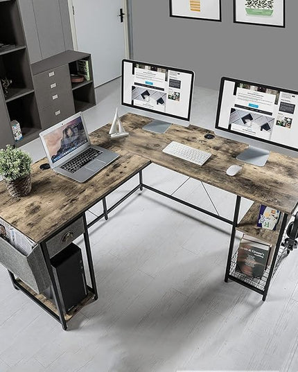 X-cosrack 2 Person Desk Large L-Shaped Computer Desk with Storage Shelves Drawer, Home Office Writing Corner Desk, Long Desk PC Laptop Workstation with Hooks Storage Bag Cable Hole - LeafyLoom