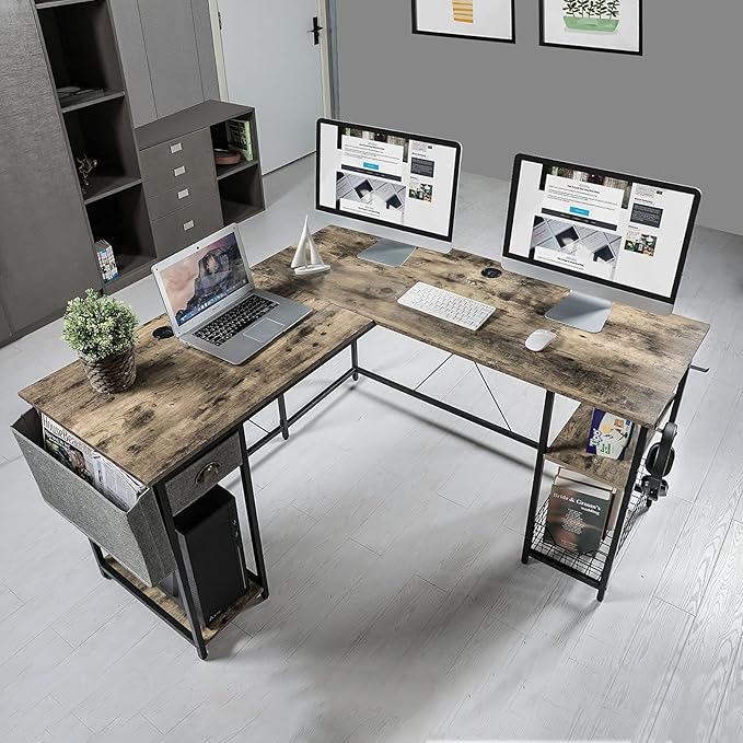 X-cosrack 2 Person Desk Large L-Shaped Computer Desk with Storage Shelves Drawer, Home Office Writing Corner Desk, Long Desk PC Laptop Workstation with Hooks Storage Bag Cable Hole - LeafyLoom