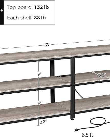 Yaheetech TV Stand with Power Outlet for 75 Inch TV, 3 Tiers TV Storage Cabinet Entertainment Center, Retro 63 Inch Long TV Console Table with Charging Station for Living Room, Gray - LeafyLoom