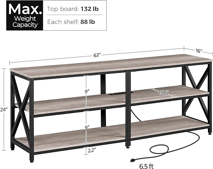 Yaheetech TV Stand with Power Outlet for 75 Inch TV, 3 Tiers TV Storage Cabinet Entertainment Center, Retro 63 Inch Long TV Console Table with Charging Station for Living Room, Gray - LeafyLoom