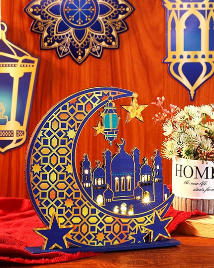 Capoda Eid Craft Night Light Ramadan Mubarak Table Decor 3D Wooden Moon Star LED Light Decor, Mosque Lamp Eid al-Fitr Ornament Gift for Muslim Ramadan Islamic Wall Decor Table Centerpiece(Blue) - LeafyLoom