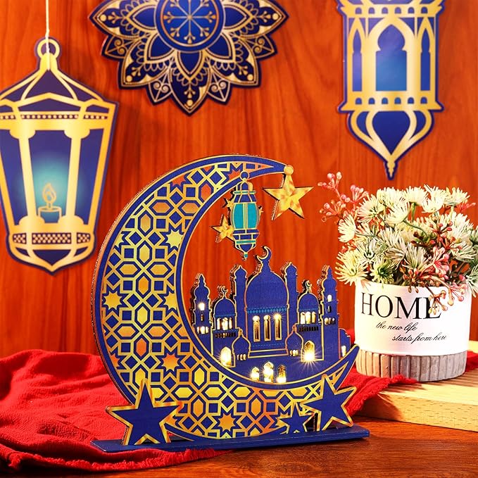 Capoda Eid Craft Night Light Ramadan Mubarak Table Decor 3D Wooden Moon Star LED Light Decor, Mosque Lamp Eid al-Fitr Ornament Gift for Muslim Ramadan Islamic Wall Decor Table Centerpiece(Blue) - LeafyLoom