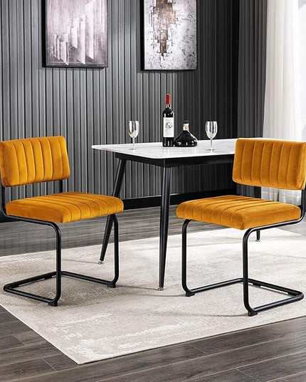 ONEVOG Velvet Dining Chairs Set of 2, Upholstered kitchen Dining Room Chair, Comfy Chair with Black Metal Legs, Cantilevered Design Chair for Bedroom, Living Room (Orange) - LeafyLoom