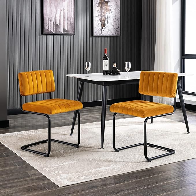ONEVOG Velvet Dining Chairs Set of 2, Upholstered kitchen Dining Room Chair, Comfy Chair with Black Metal Legs, Cantilevered Design Chair for Bedroom, Living Room (Orange) - LeafyLoom