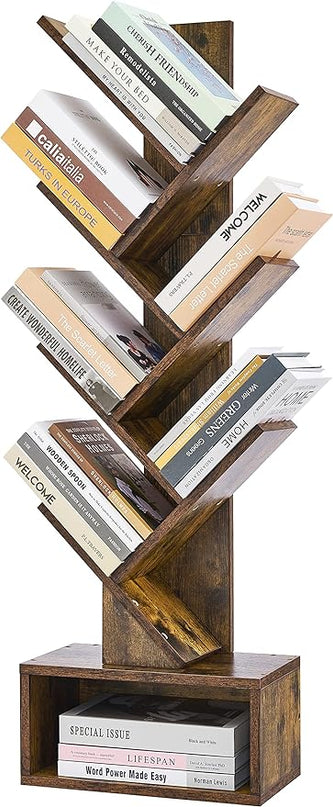 Hoctieon 6 Tier Tree Bookshelf, Tall Bookcase with Drawer, Freestanding Book Shelf, Display Floor Standing Storage Shelf, Book Organizer Shelves for Home Office, Rustic Brown - LeafyLoom