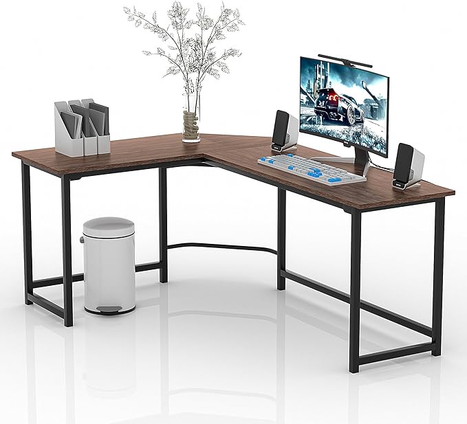 VECELO L Shaped Computer Corner Desk with CPU Stand/PC Laptop Study Writing Table for Home Office Workstation Wood & Metal, 66 in, Coffee + Black Leg - LeafyLoom