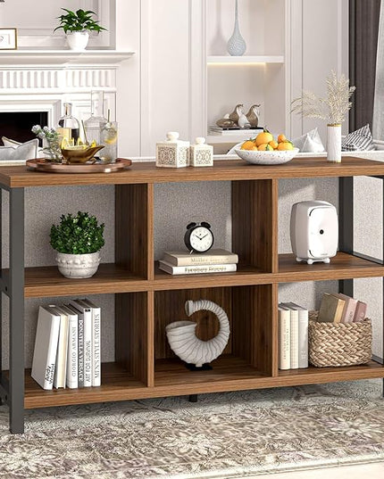 FOLUBAN 6 Cube Storage Organizer Bookshelf, Industrial Horizontal Low Cubby Bookcase for Living Room Bedroom (Rustic Walnut, 47 Inch) - LeafyLoom