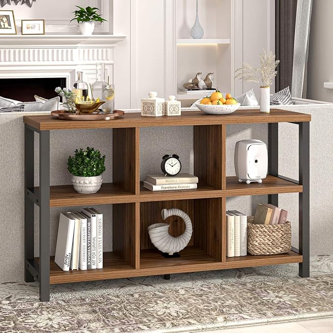 FOLUBAN 6 Cube Storage Organizer Bookshelf, Industrial Horizontal Low Cubby Bookcase for Living Room Bedroom (Rustic Walnut, 47 Inch) - LeafyLoom