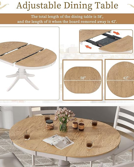 NicBex Round Dining Table Kitchen & Dining Room Tables 5-Piece Retro Functional Dining Table Set Wood Round Extendable Dining Table and 4 Upholstered Dining Chairs, Off White - LeafyLoom