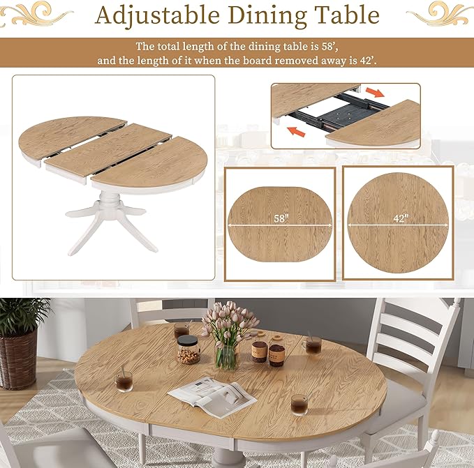 NicBex Round Dining Table Kitchen & Dining Room Tables 5-Piece Retro Functional Dining Table Set Wood Round Extendable Dining Table and 4 Upholstered Dining Chairs, Off White - LeafyLoom