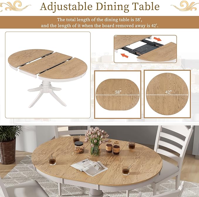 5-Piece Wooden Round Extendable Dining Table and 4 Upholstered Chairs Set for Kitchen Room Furniture, Retro Style, Off White, 42"-58" L x 42" W x 30" H - LeafyLoom