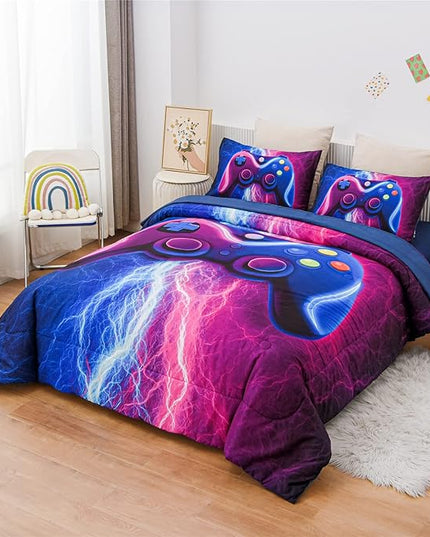 Meeting Story Gamer Gaming Bedding Sets Red Blue Lightnings Gamepad Comforter Set for Boys Games Console Action Buttons Novelty Colorful Modern Room Decor Home Quilt Set (Blue-Purple, Twin 5Pcs) - LeafyLoom