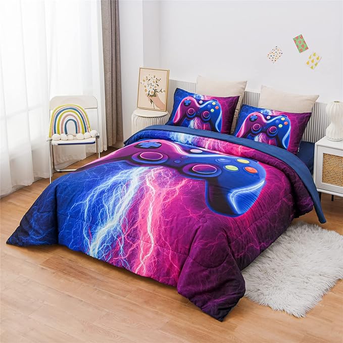 Meeting Story Gamer Gaming Bedding Sets Red Blue Lightnings Gamepad Comforter Set for Boys Games Console Action Buttons Novelty Colorful Modern Room Decor Home Quilt Set (Blue-Purple, Twin 5Pcs) - LeafyLoom
