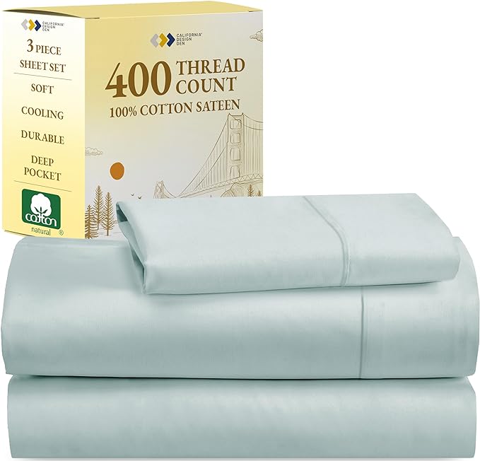 California Design Den Softest 100% Cotton Sheets, Twin Sheets Set, 3 Pc, 400 Thread Count Sateen, Dorm Rooms & Adults, Deep Pocket Sheets, Cooling Sheets, Twin Bed Sheets (Seafoam) - LeafyLoom