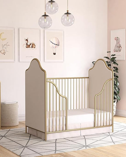Little Seeds Piper Upholstered Metal Crib, Gold - LeafyLoom
