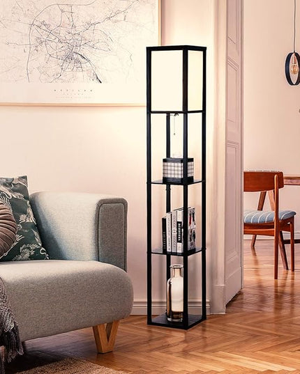 Brightech Maxwell - Modern Shelf Floor Lamp with Shade and LED Bulb Corner Display Lamps Shelves for Living Room, Bedroom Office Black - LeafyLoom