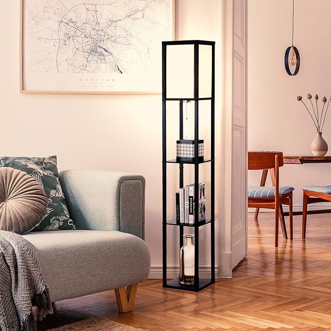 Brightech Maxwell - Modern Shelf Floor Lamp with Shade and LED Bulb Corner Display Lamps Shelves for Living Room, Bedroom Office Black - LeafyLoom