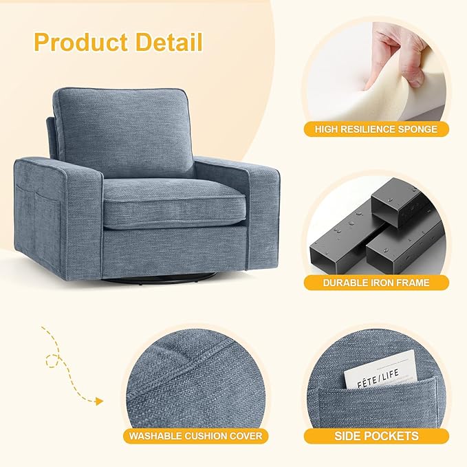 EASELAND Oversized Accent Chair, Reading Chair with Upholstered Chenille Fabric, Sofa Chair with Armrest, Single Sofa Chair for Living Room, Swivel Chair with Wooden Legs, Comfy Chair for Small Spaces - LeafyLoom