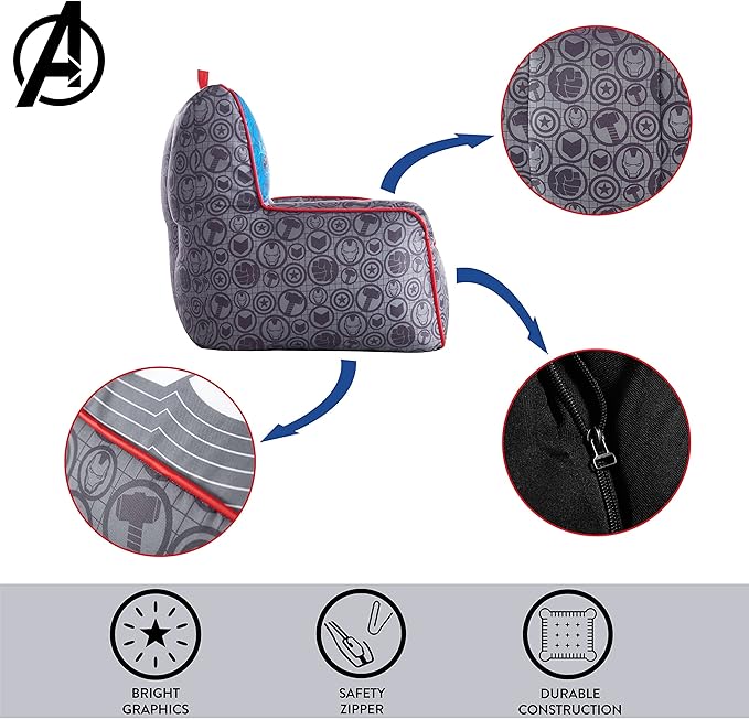 Idea Nuova Marvel Avengers Toddler Nylon Bean Bag Chair with Piping & Top Carry Handle, Large - LeafyLoom