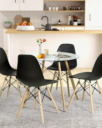 FurnitureR 31.5 Inch Modern Round Dining Table Glass with Wooden Legs for Home Kitchen Living Room Corner Small Spaces Leisure - LeafyLoom