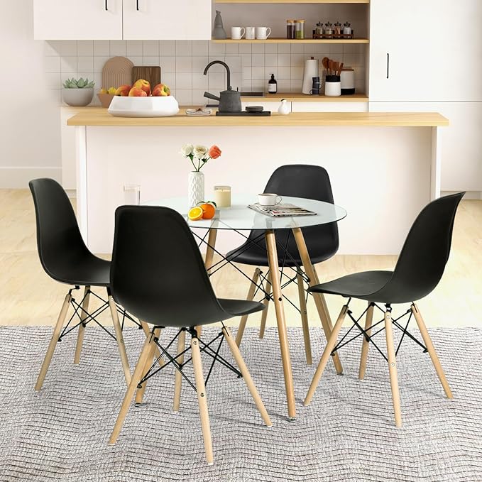 FurnitureR 31.5 Inch Modern Round Dining Table Glass with Wooden Legs for Home Kitchen Living Room Corner Small Spaces Leisure - LeafyLoom