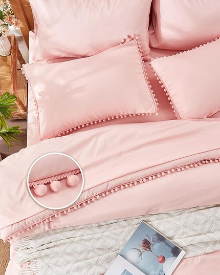 Anluoer Queen Comforter Set 7 Piece, Pink Bed in a Bag with Sheets, Pom Pom Boho Bedding Comforter Sets with 1 Comforter, 2 Pillow Shams, 2 Pillowcases, 1 Flat Sheet, 1 Fitted Sheet - LeafyLoom