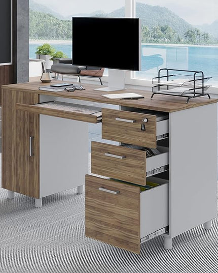 Modern Design By Crafts & comfort Venice Computer Desk - Office Desk with 3 Drawers & CPU Storage Cabinet - Laptop Workstation with Keyboard Tray & Cable Hole - Home & Office Supplies -Cass/White - LeafyLoom