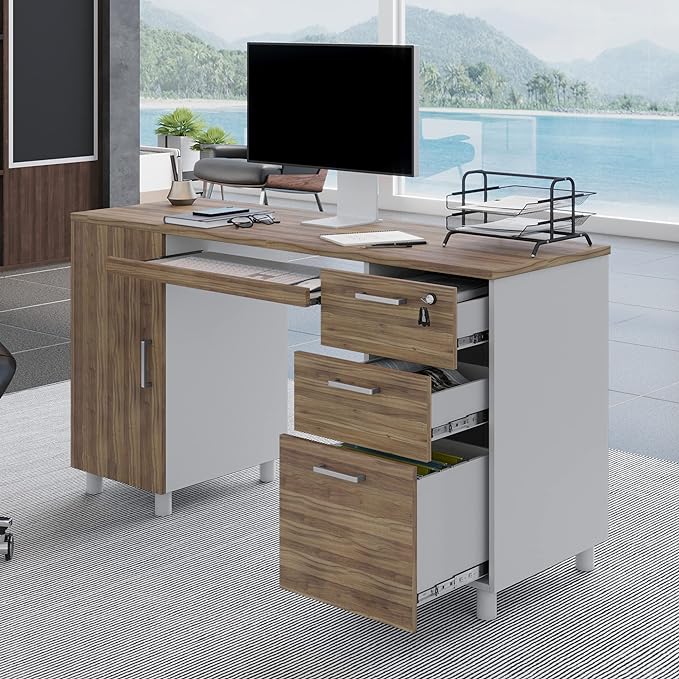 Modern Design By Crafts & comfort Venice Computer Desk - Office Desk with 3 Drawers & CPU Storage Cabinet - Laptop Workstation with Keyboard Tray & Cable Hole - Home & Office Supplies -Cass/White - LeafyLoom