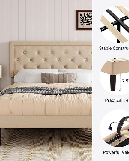 Allewie Full Size Button Tufted Platform Bed Frame/Fabric Upholstered Bed Frame with Adjustable Headboard/Wood Slat Support/Mattress Foundation/Beige (Full) - LeafyLoom