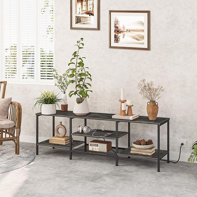 HOOBRO TV Stand with Power Outlets to 75 Inches, TV Console Table with Open Storage Shelves Cabinet, Industrial Media Entertainment Center for Living Room Bedroom, Charcoal Gray and Black BC60DS01 - LeafyLoom