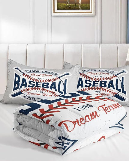 Datura home Baseball Comforter Set Vintage Grey Baseball Printed Quilt Bedding Set with 1 Comforter and 2 Pillowcases for Boys and Girls Bedroom All Season(Baseball Full) - LeafyLoom