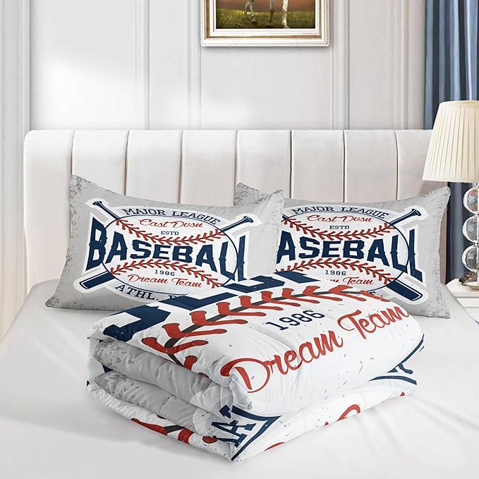Datura home Baseball Comforter Set Vintage Grey Baseball Printed Quilt Bedding Set with 1 Comforter and 2 Pillowcases for Boys and Girls Bedroom All Season(Baseball Full) - LeafyLoom