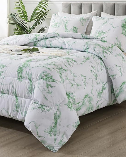Litanika Sage Green Marble Comforter Queen(90x90lnch), 3Pieces(1 Marble Comforter and 2 Pillowcases) Soft Microfiber Comforter Bedding Set for Men and Women - LeafyLoom