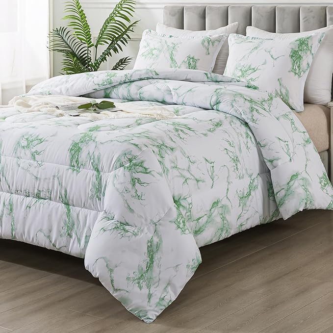 Litanika Sage Green Marble Comforter Queen(90x90lnch), 3Pieces(1 Marble Comforter and 2 Pillowcases) Soft Microfiber Comforter Bedding Set for Men and Women - LeafyLoom