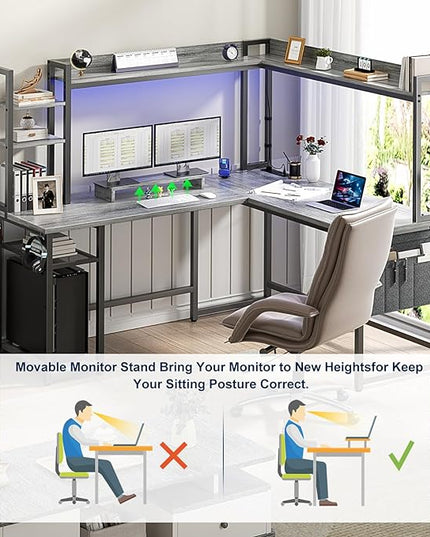 Aheaplus L Shaped Desk with Power Outlet, L Shaped Gaming Desk with Led Light & Hutch, Reversible Home Office Desk, Corner Computer Desk Writing Desk with Monitor Stand & Storage Shelves, White Oak - LeafyLoom