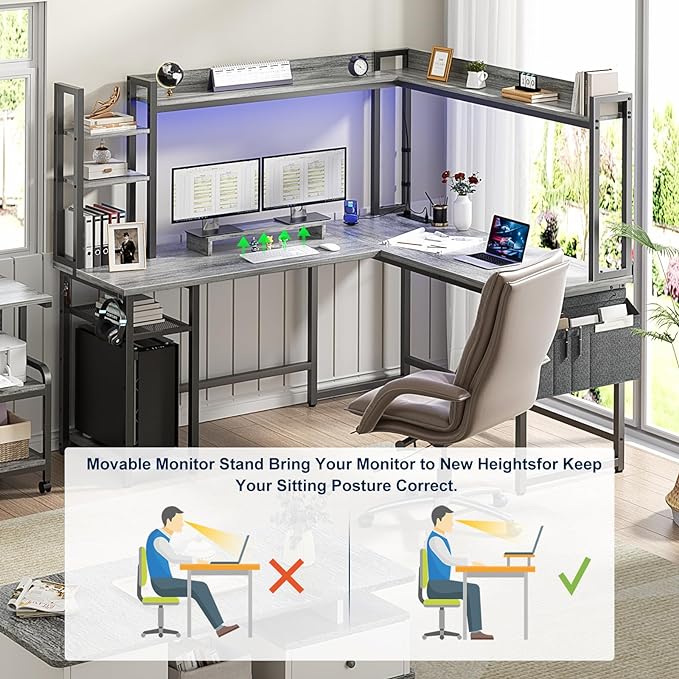 Aheaplus L Shaped Desk with Power Outlet, L Shaped Gaming Desk with Led Light & Hutch, Reversible Home Office Desk, Corner Computer Desk Writing Desk with Monitor Stand & Storage Shelves, White Oak - LeafyLoom